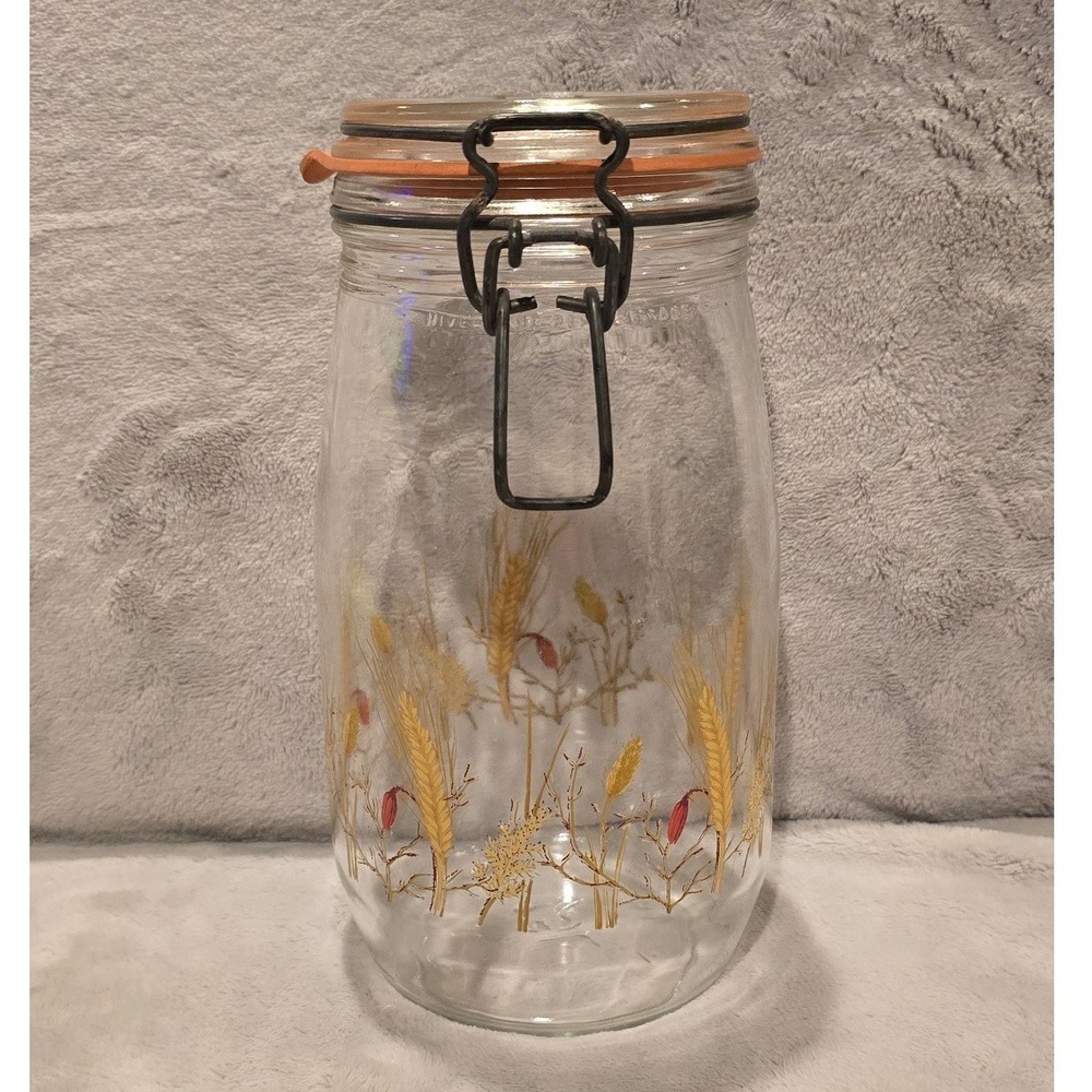 Vintage Arc France Wheat Berry Glass Canister 1.5L Wire Bail Flip Top Jar France